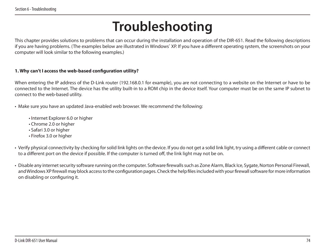 D-Link DIR-651 manual Troubleshooting, Why can’t I access the web-based configuration utility? 