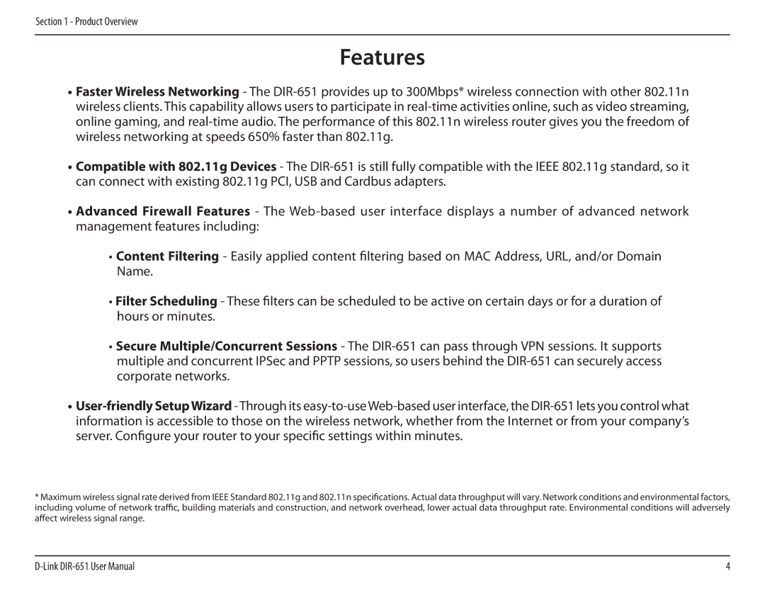 D-Link DIR-651 manual Features 