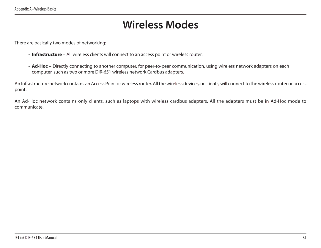 D-Link DIR-651 manual Wireless Modes 