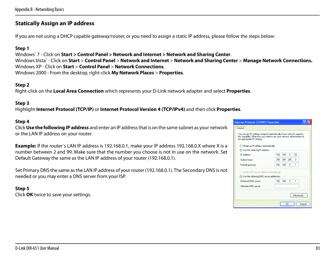 D-Link DIR-651 manual Statically Assign an IP address, Step 