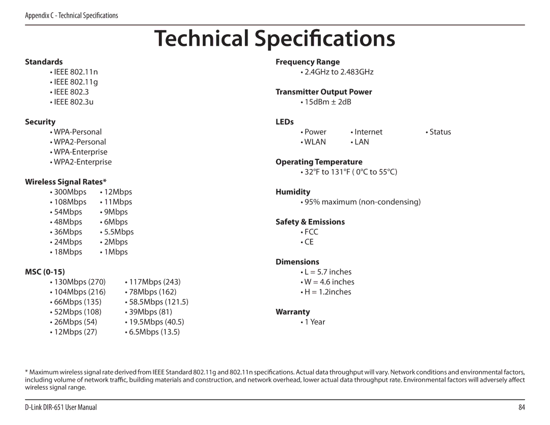 D-Link DIR-651 manual Technical Specifications 