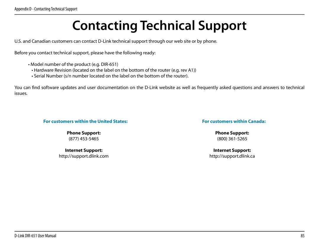 D-Link DIR-651 manual Contacting Technical Support, Http//support.dlink.com Http//support.dlink.ca 