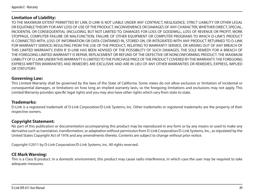 D-Link DIR-651 manual Limitation of Liability, Governing Law, Trademarks, Copyright Statement, CE Mark Warning 