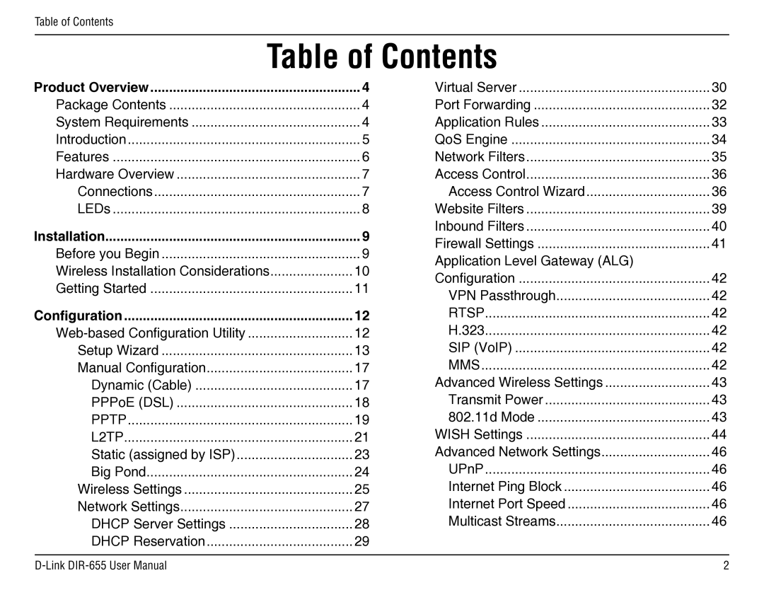 D-Link DIR-655 manual Table of Contents 