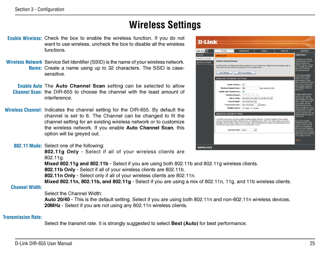 D-Link DIR-655 manual Wireless Settings, Channel Width 