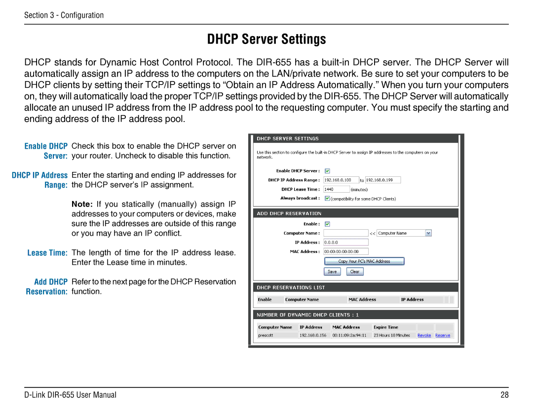 D-Link DIR-655 manual Dhcp Server Settings 