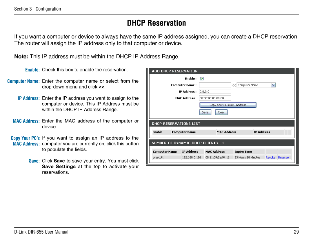 D-Link DIR-655 manual Dhcp Reservation 