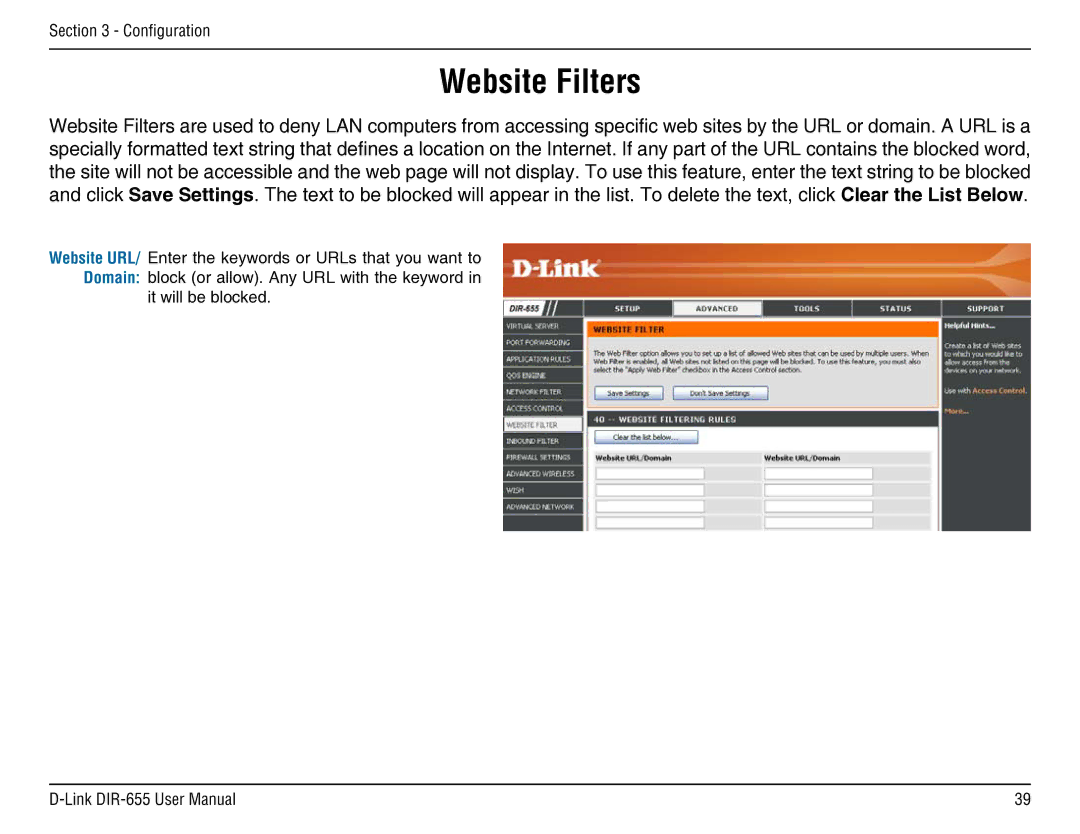 D-Link DIR-655 manual Website Filters 