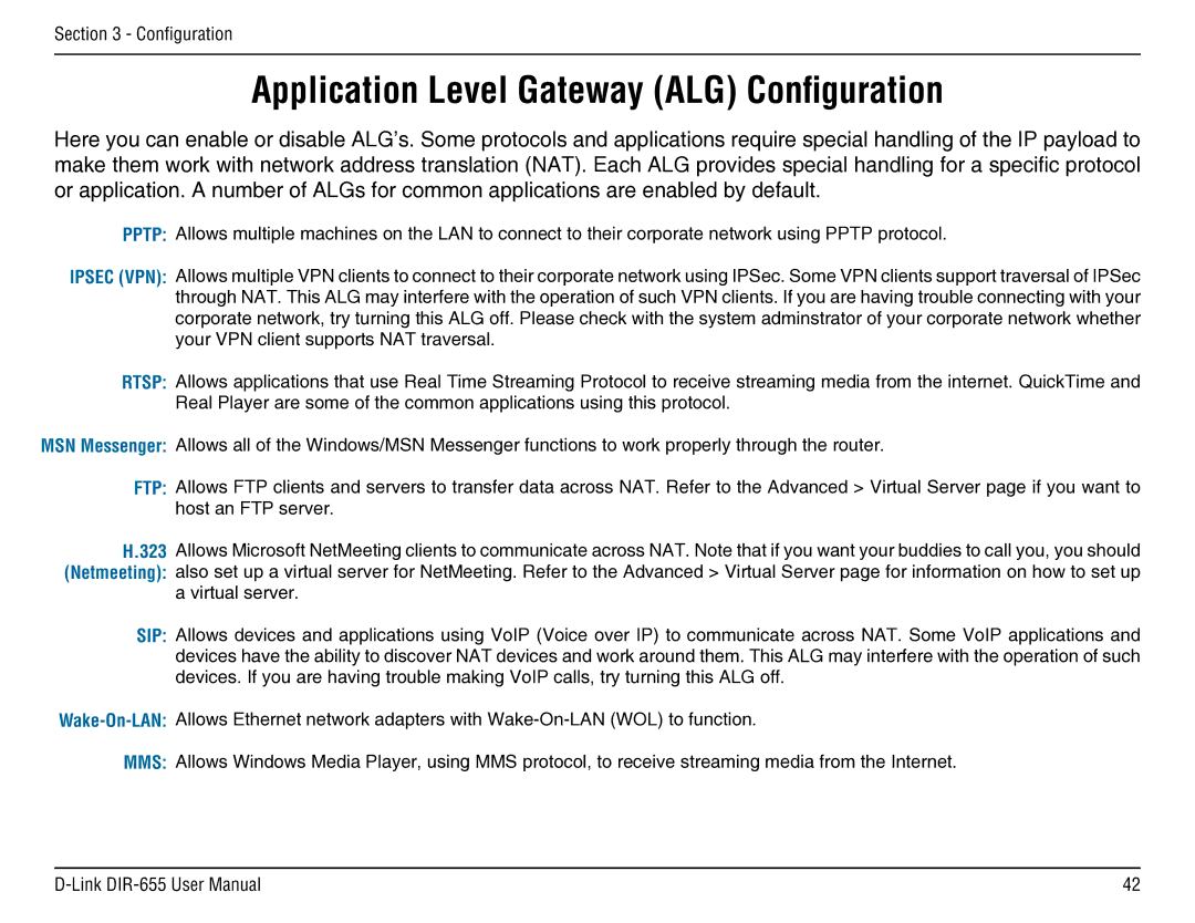 D-Link DIR-655 manual Application Level Gateway ALG Configuration 