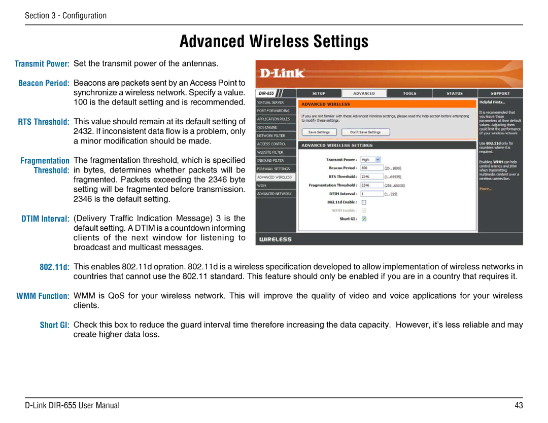 D-Link DIR-655 manual Advanced Wireless Settings, Transmit Power Set the transmit power of the antennas 