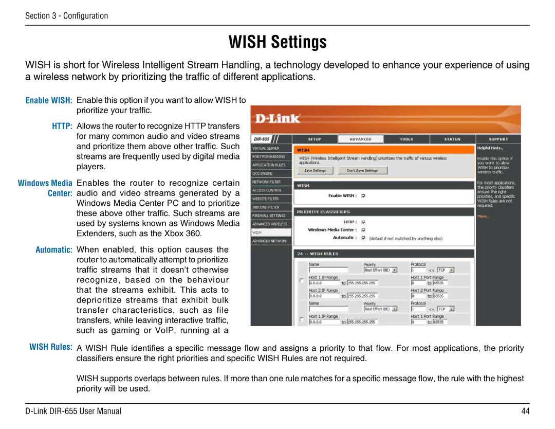 D-Link DIR-655 manual Wish Settings 