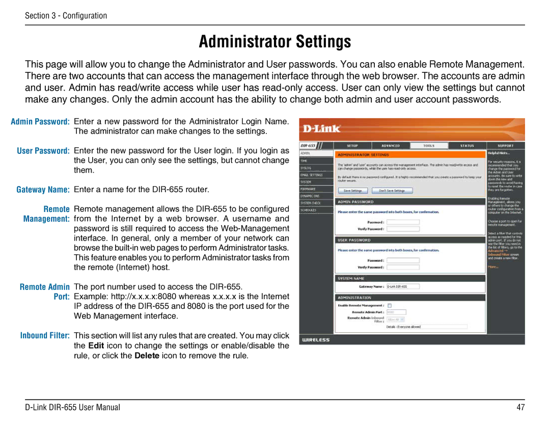 D-Link DIR-655 manual Administrator Settings 