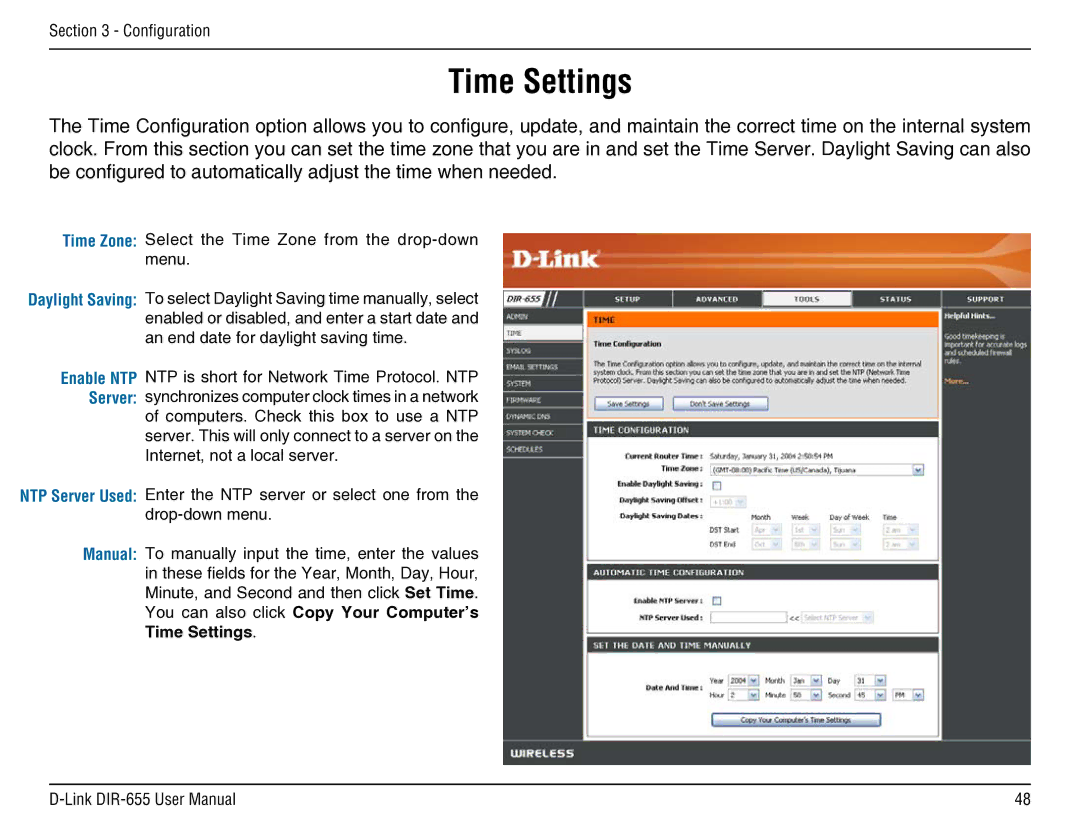 D-Link DIR-655 manual Time Settings 