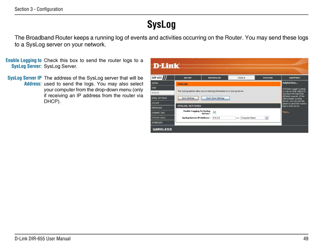 D-Link DIR-655 manual SysLog Server SysLog Server 