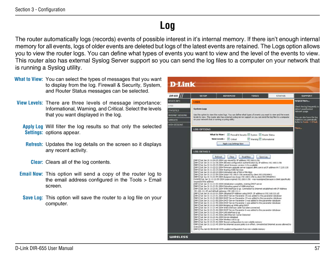 D-Link DIR-655 manual Log 