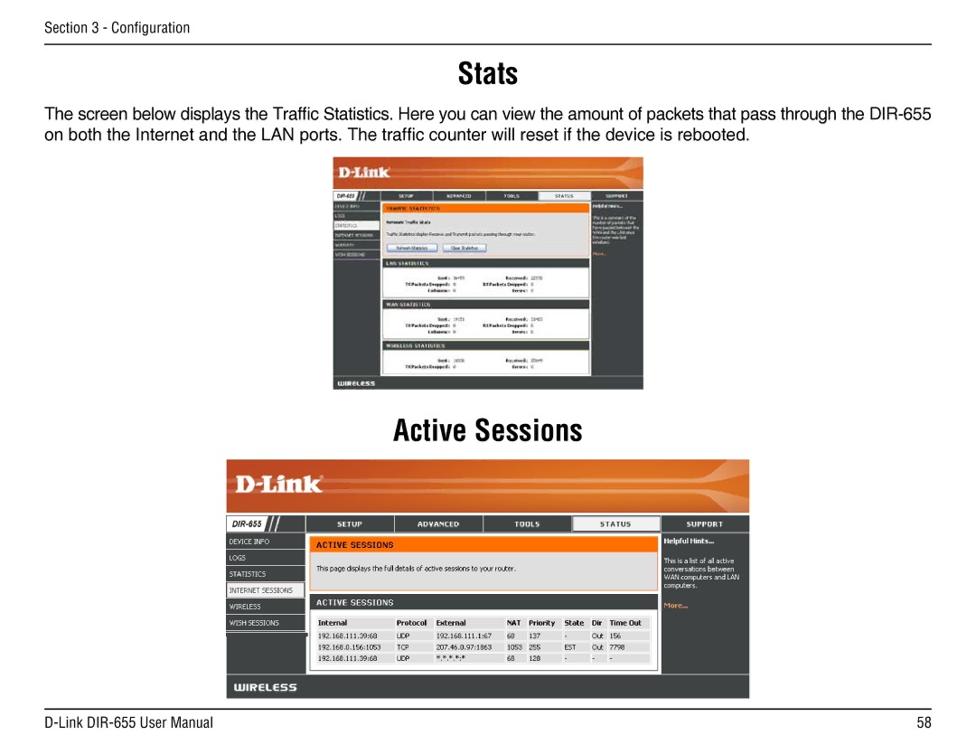 D-Link DIR-655 manual Stats, Active Sessions 