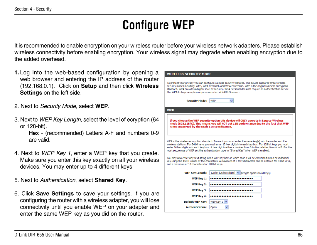 D-Link DIR-655 manual Configure WEP 