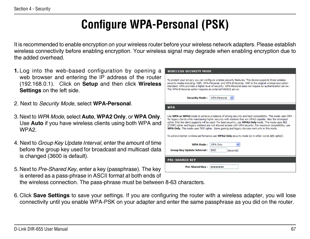 D-Link DIR-655 manual Configure WPA-Personal PSK 