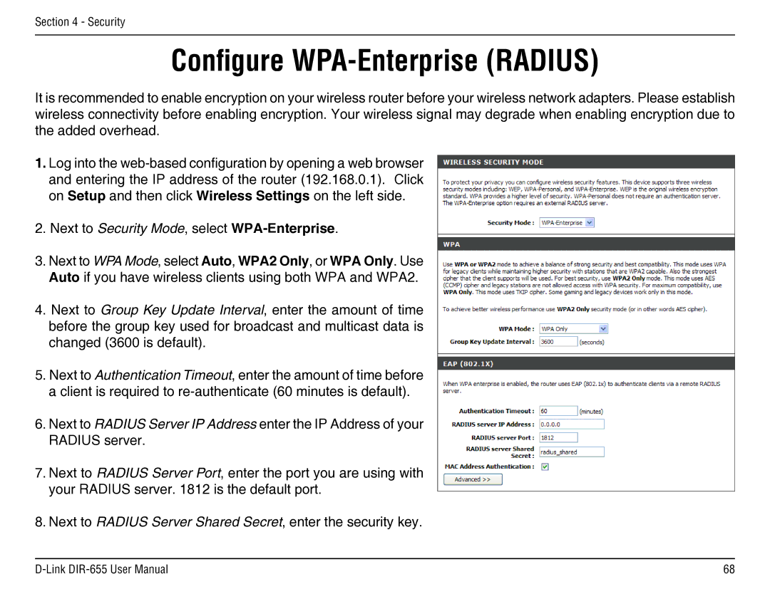 D-Link DIR-655 manual Configure WPA-Enterprise Radius 