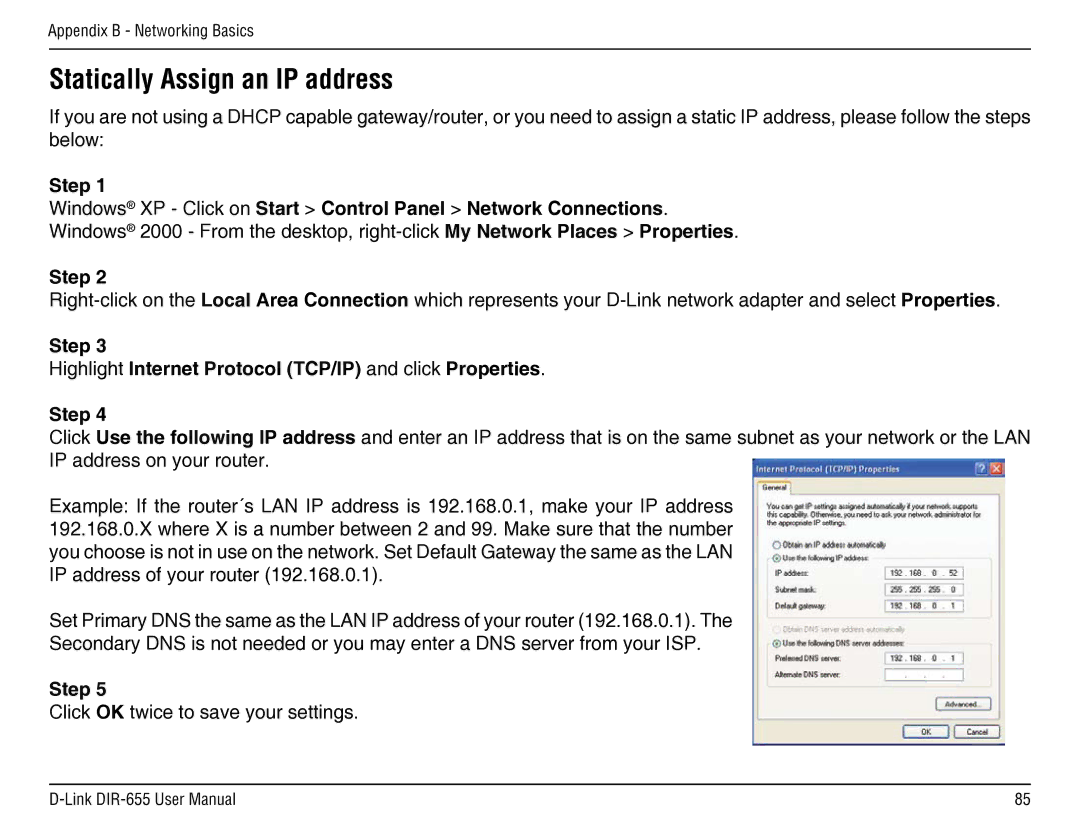 D-Link DIR-655 manual Step Highlight Internet Protocol TCP/IP and click Properties 