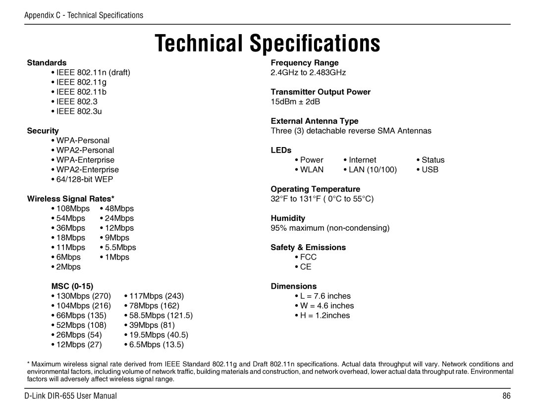 D-Link DIR-655 manual Technical Specifications 