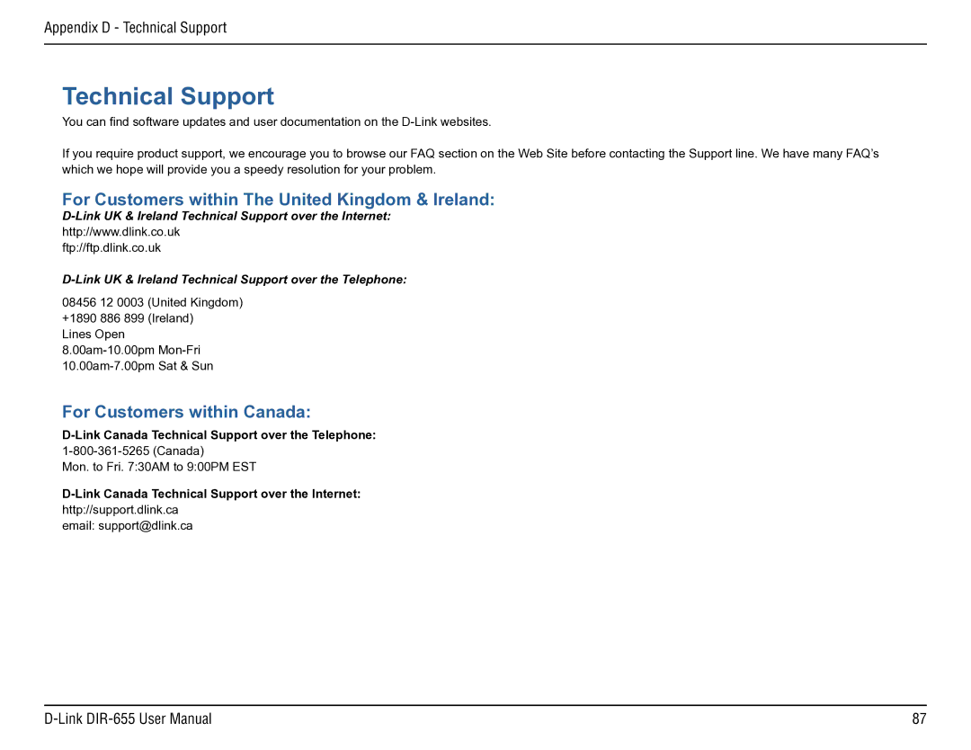 D-Link DIR-655 manual Technical Support 