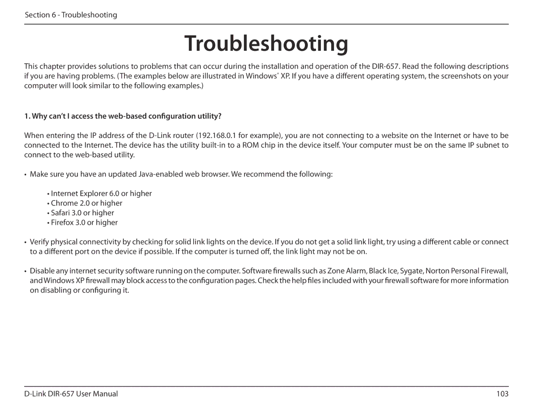 D-Link DIR-657 manual Troubleshooting, Why can’t I access the web-based configuration utility? 