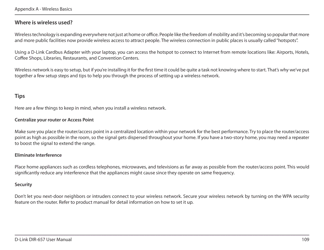 D-Link DIR-657 manual Centralize your router or Access Point, Eliminate Interference, Security 