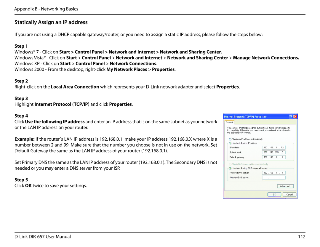 D-Link DIR-657 manual Step Highlight Internet Protocol TCP/IP and click Properties 