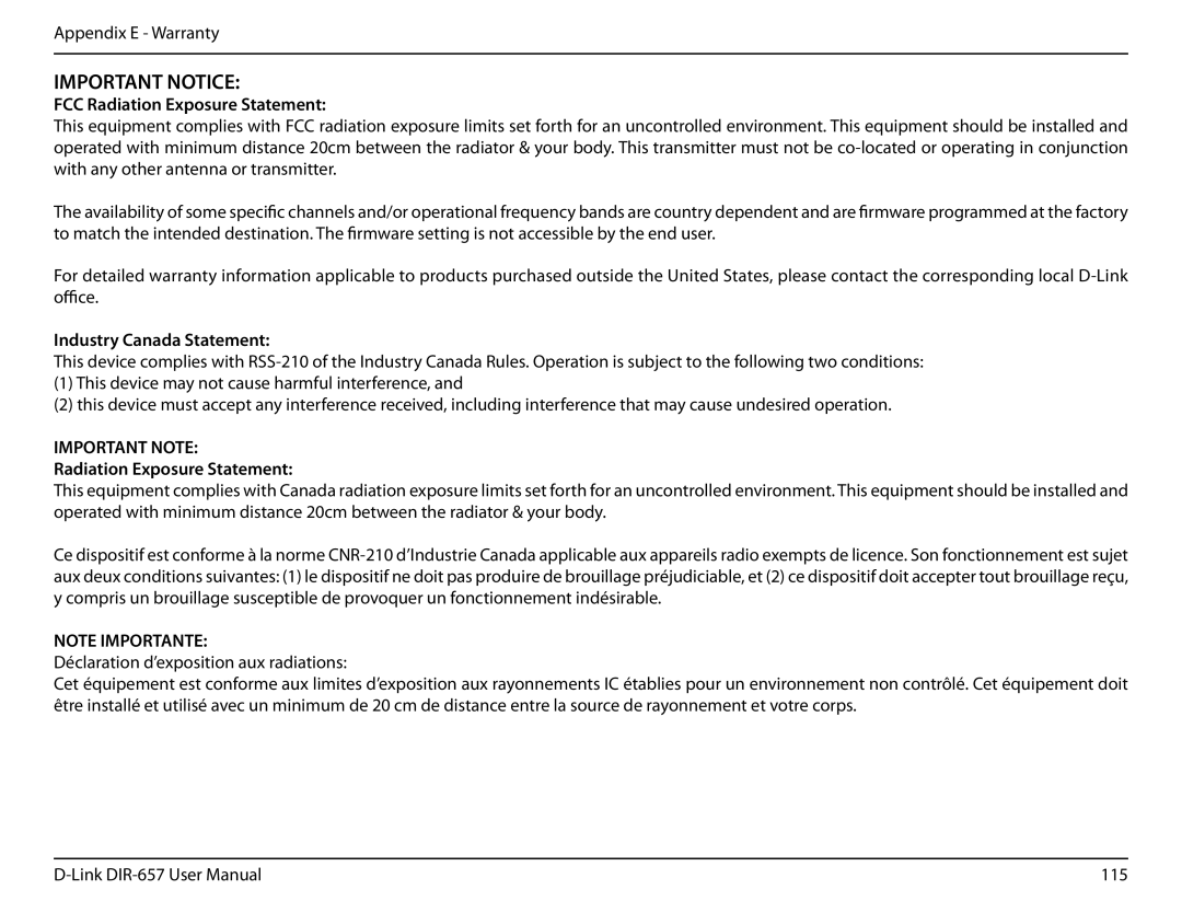 D-Link DIR-657 manual FCC Radiation Exposure Statement, Industry Canada Statement 