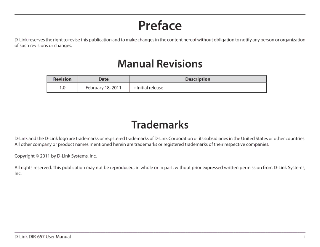 D-Link DIR-657 manual Preface, Revision Date Description, Initial release 