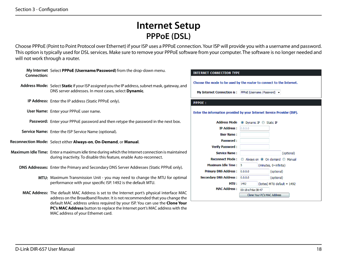 D-Link DIR-657 manual Internet Setup, PPPoE DSL 