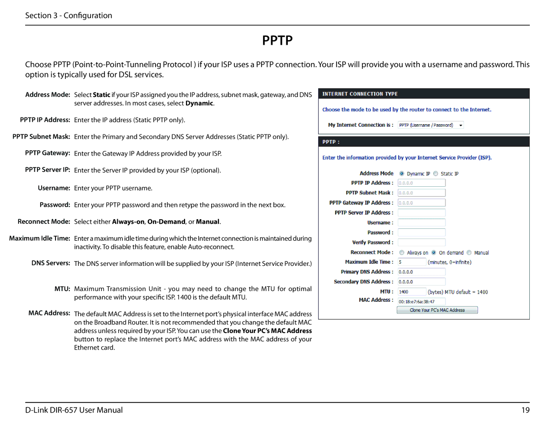 D-Link DIR-657 manual Pptp, Reconnect Mode Select either Always-on,On-Demand, or Manual 