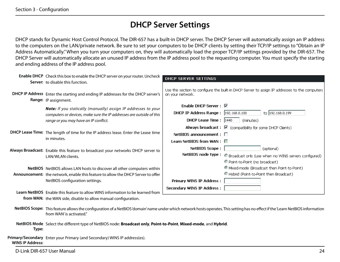 D-Link DIR-657 manual Dhcp Server Settings, NetBIOS Scope 