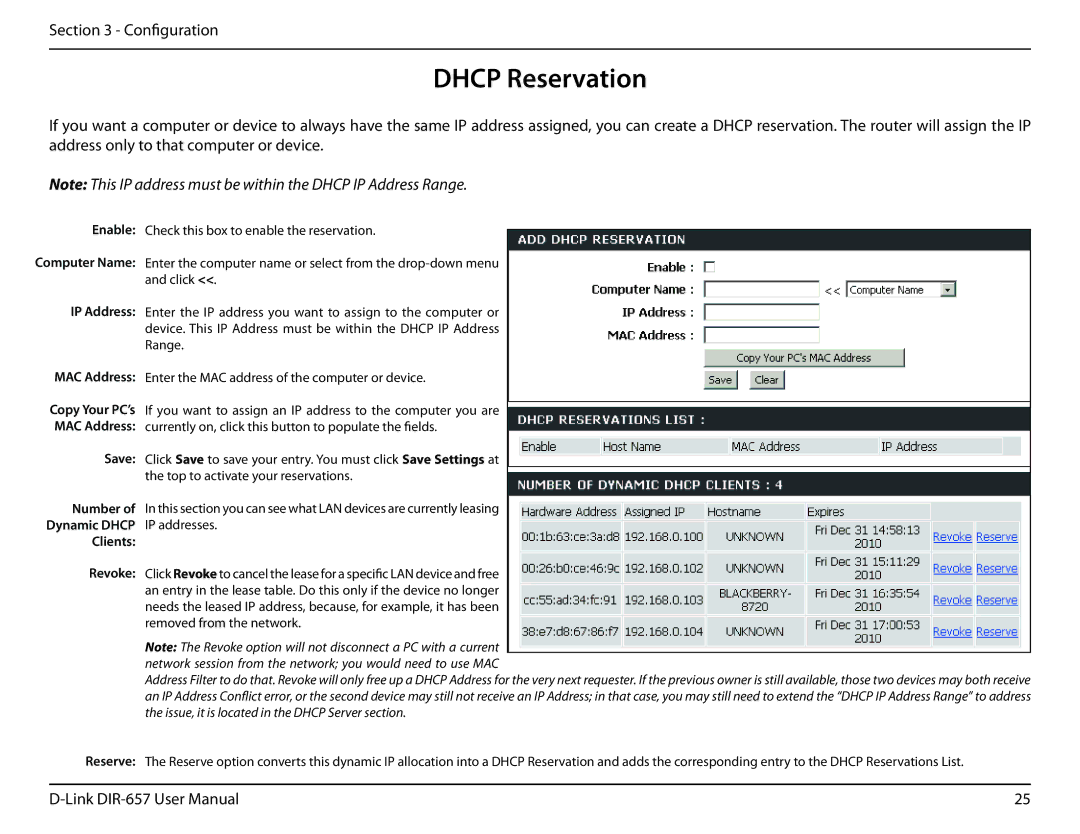 D-Link DIR-657 manual Dhcp Reservation, Dynamic Dhcp IP addresses Clients 