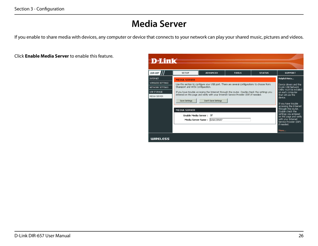 D-Link DIR-657 manual Media Server 