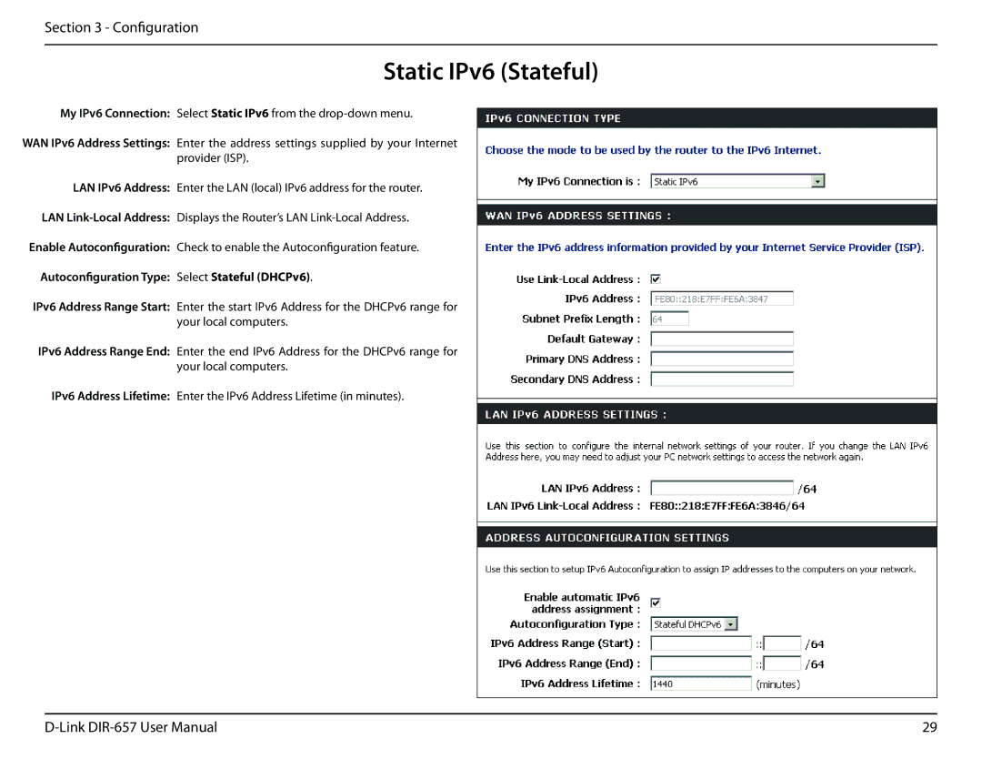 D-Link DIR-657 manual Static IPv6 Stateful, Autoconfiguration Type Select Stateful DHCPv6 