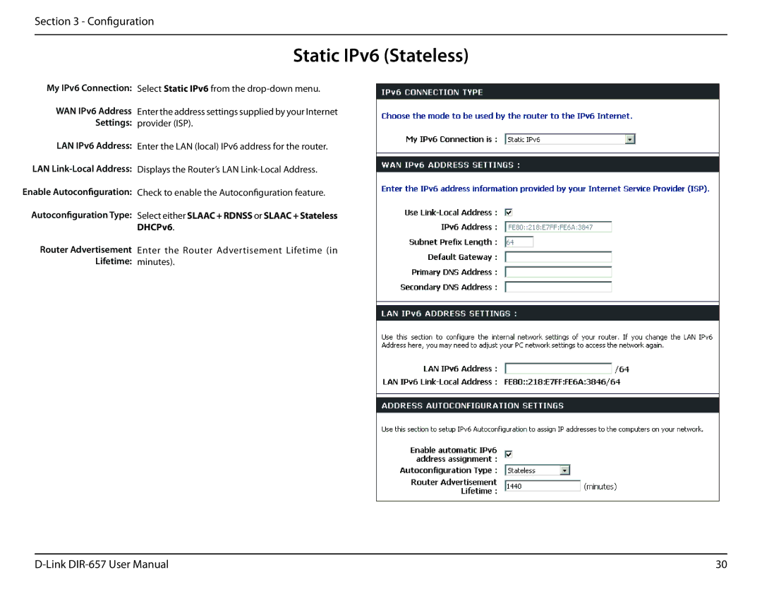 D-Link DIR-657 manual Static IPv6 Stateless, My IPv6 Connection WAN IPv6 Address Settings 