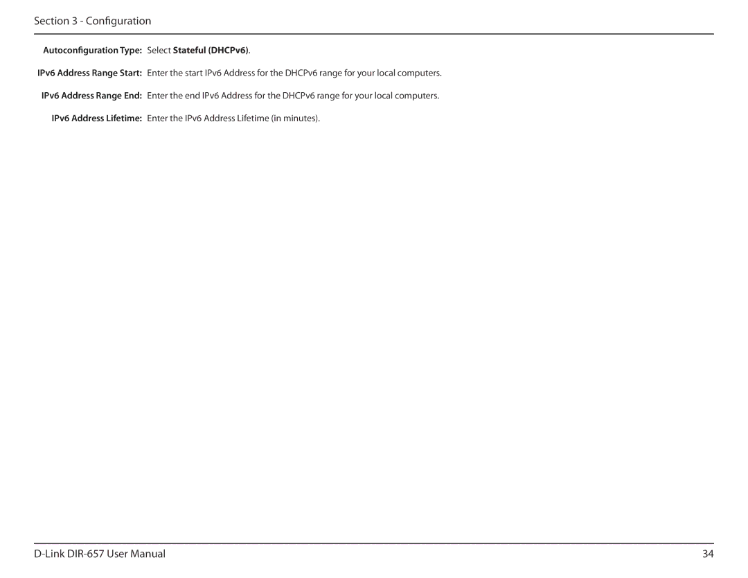 D-Link DIR-657 manual Autoconfiguration Type Select Stateful DHCPv6 