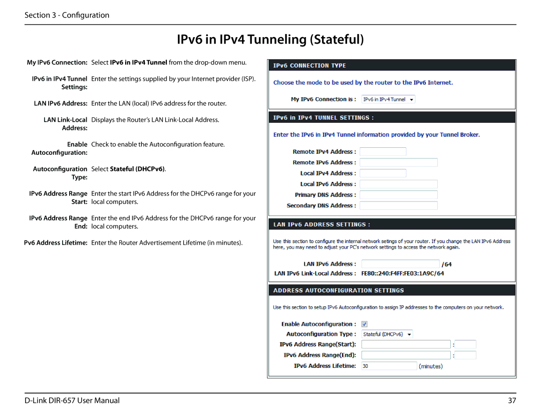 D-Link DIR-657 manual IPv6 in IPv4 Tunneling Stateful 