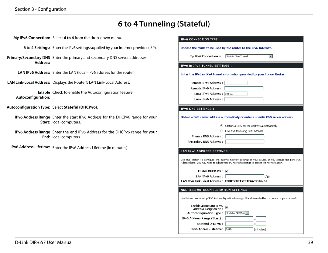 D-Link DIR-657 manual To 4 Tunneling Stateful, Enter the primary and secondary DNS server addresses 