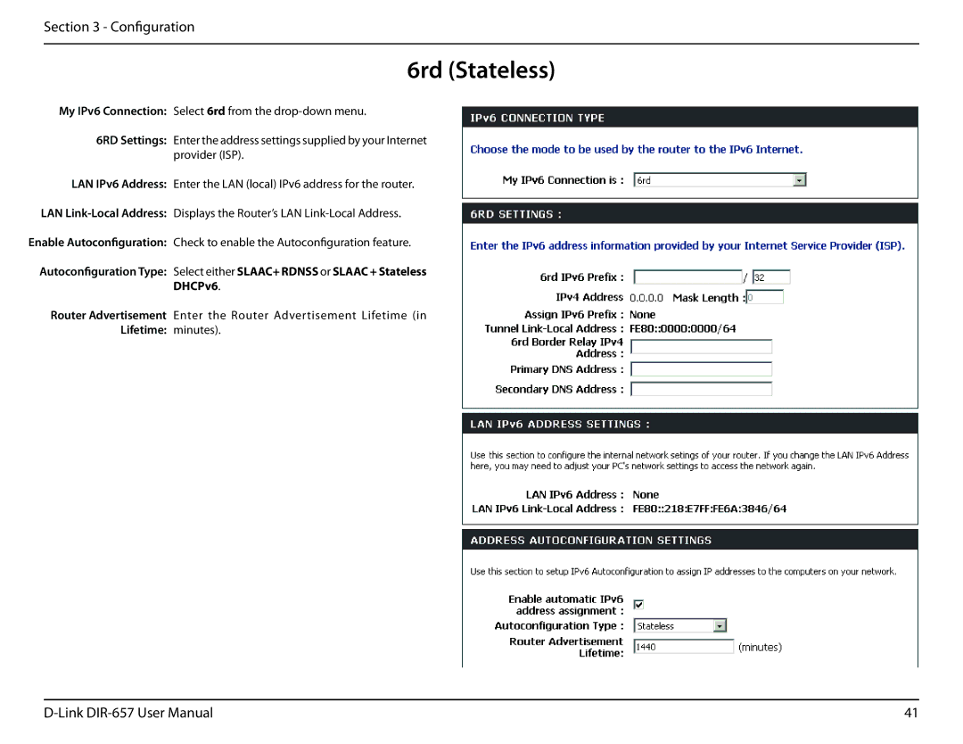 D-Link DIR-657 manual 6rd Stateless, Lifetime minutes 