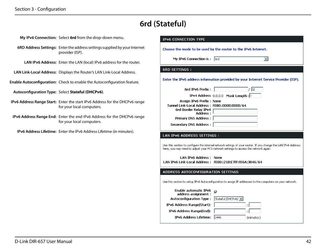 D-Link DIR-657 manual 6rd Stateful, Autoconfiguration Type Select Stateful DHCPv6 