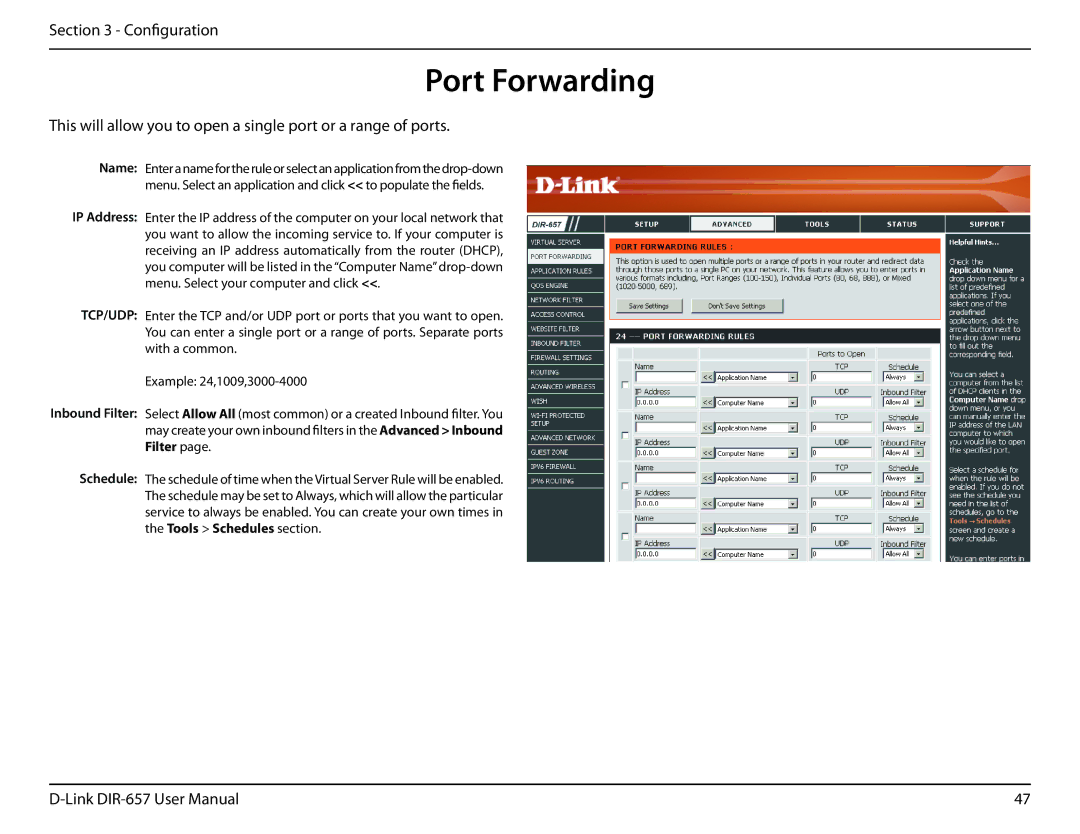 D-Link DIR-657 manual Port Forwarding, Tcp/Udp 