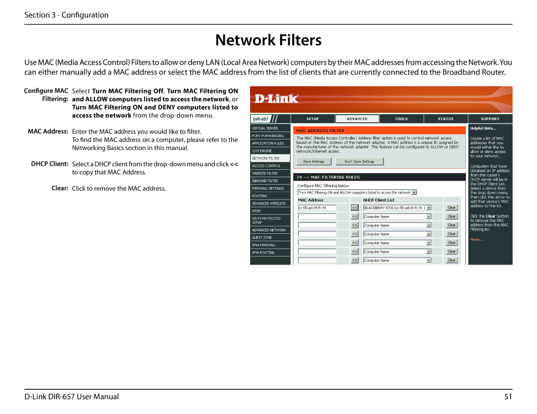 D-Link DIR-657 manual Network Filters, MAC Address Dhcp Client Clear 