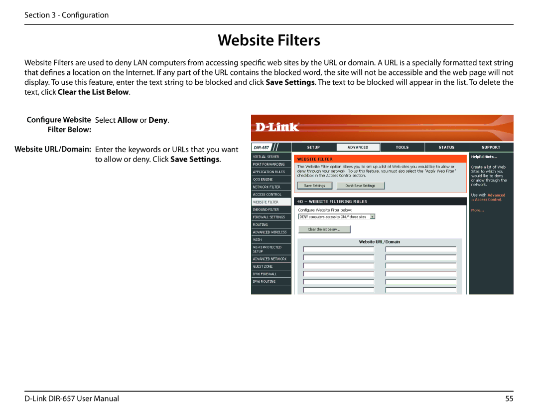 D-Link DIR-657 manual Website Filters, Configure Website Select Allow or Deny Filter Below 