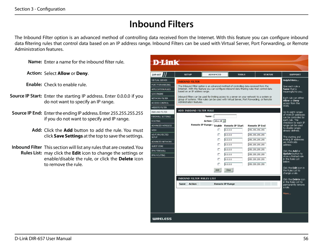 D-Link DIR-657 manual Inbound Filters, Action Select Allow or Deny 