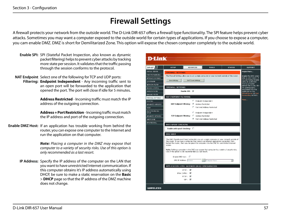 D-Link DIR-657 manual Firewall Settings 