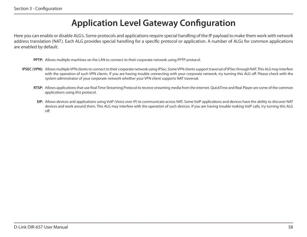 D-Link DIR-657 manual Application Level Gateway Configuration 