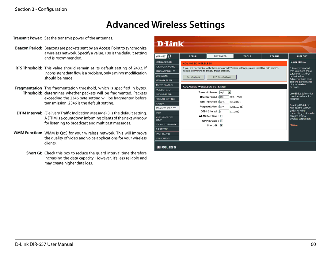 D-Link DIR-657 manual Advanced Wireless Settings 